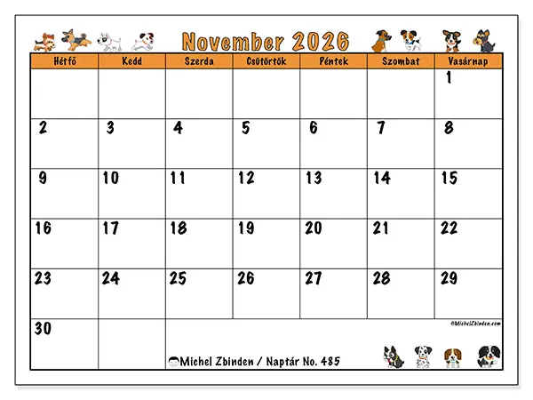 nyomtatható naptár November 2026 - Lelkes kutyák