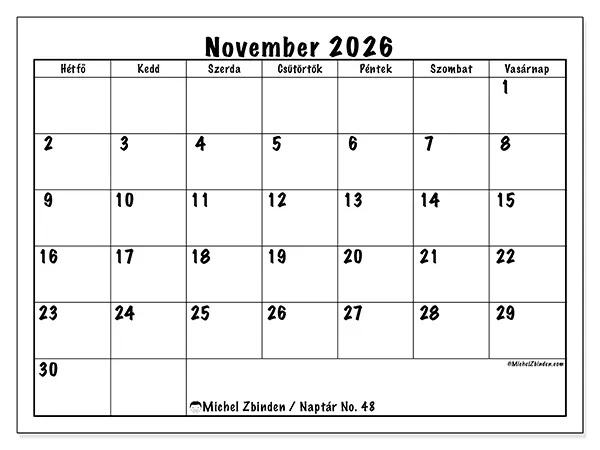nyomtatható naptár November 2026 - Napi tervek