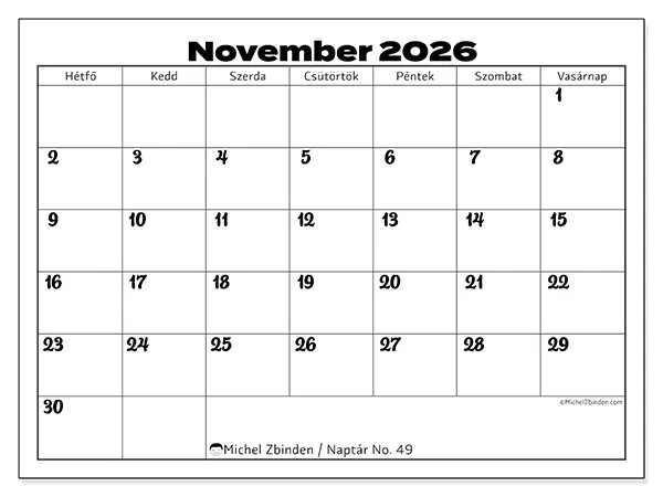 nyomtatható naptár November 2026 - Munka összehangolása