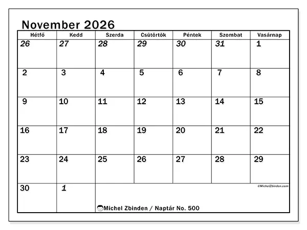 nyomtatható naptár November 2026 - Intenzív tervezés