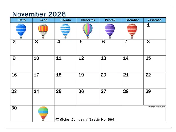 nyomtatható naptár November 2026 - Hőlégballonok