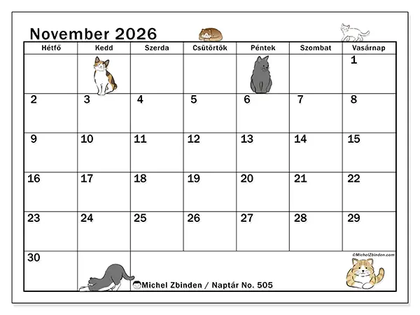 nyomtatható naptár November 2026 - Macska élete