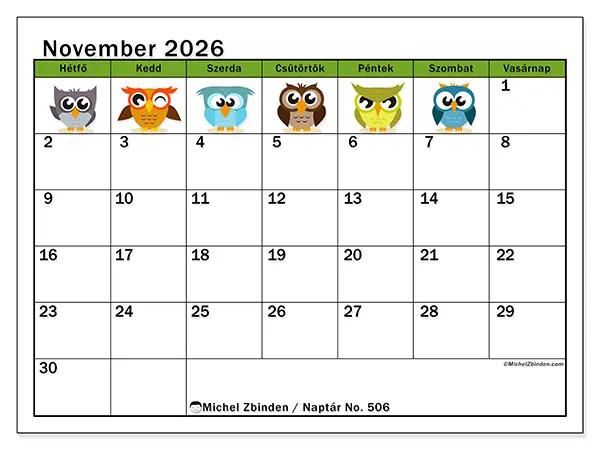 nyomtatható naptár November 2026 - Vicces baglyok