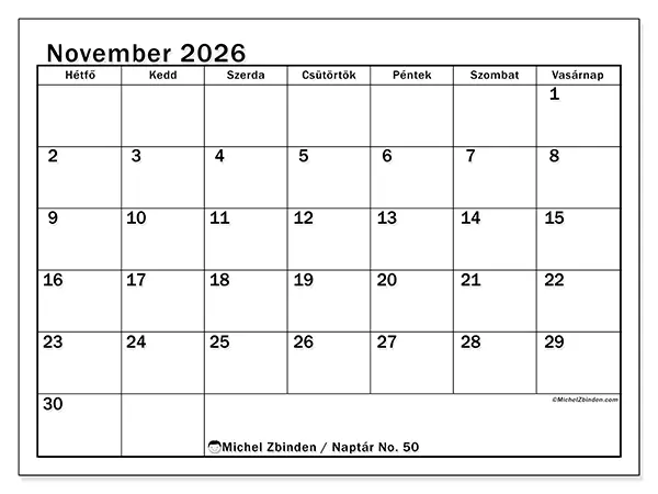 nyomtatható naptár November 2026 - Áttekinthető hónap