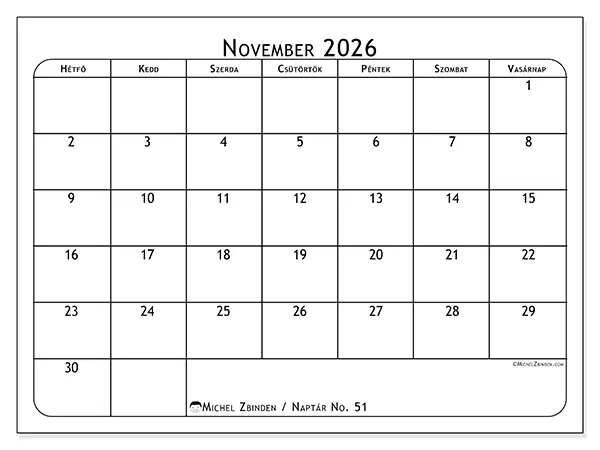 nyomtatható naptár November 2026 - Étkezéstervező