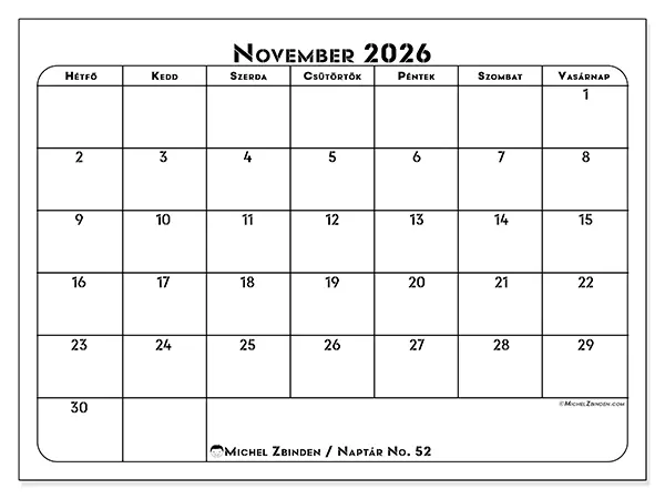 nyomtatható naptár November 2026 - Munkaterv