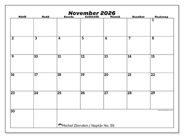 nyomtatható naptár November 2026 - Szabadidő
