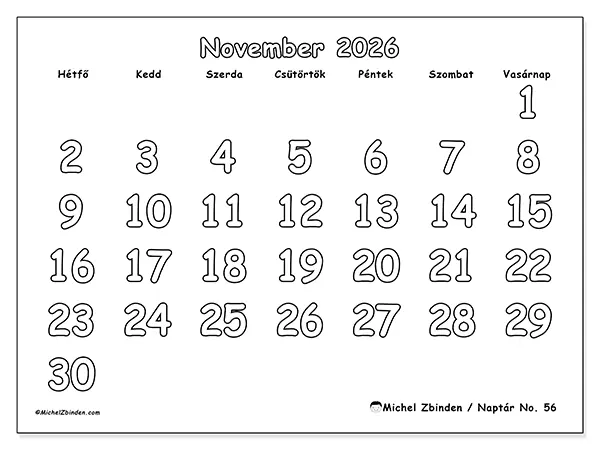 nyomtatható naptár November 2026 - Hasznos színezés