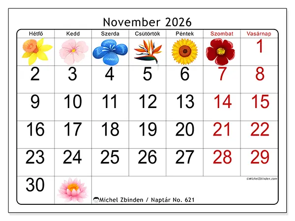 nyomtatható naptár November 2026 - Nagy virágok