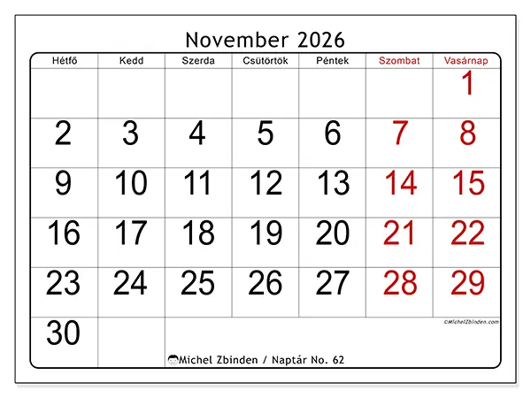 nyomtatható naptár November 2026 - Gyors áttekintés