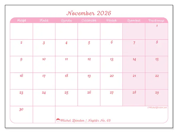 nyomtatható naptár November 2026 - Nyugodt megjelenés
