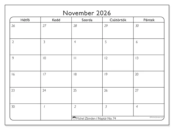 nyomtatható naptár November 2026 - Munkanapok