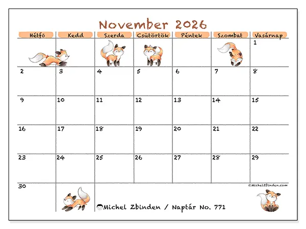 nyomtatható naptár November 2026 - Róka rajzok