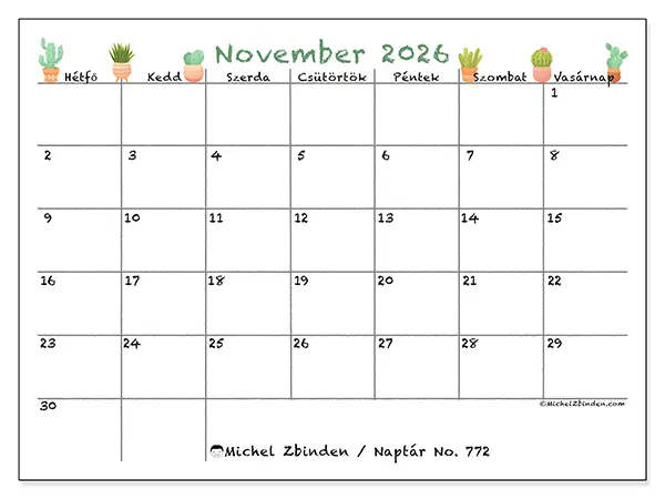 nyomtatható naptár November 2026 - Dekoratív kaktuszok