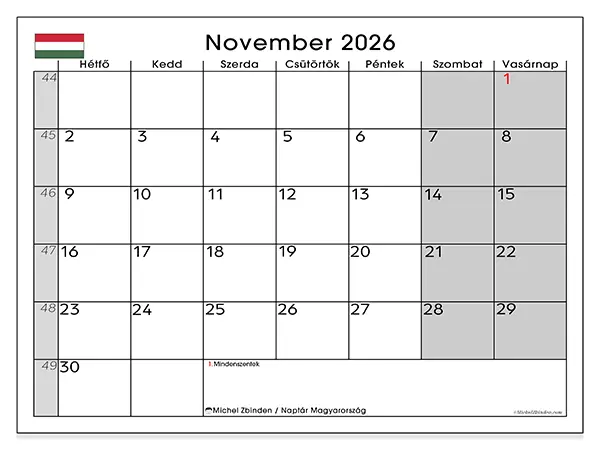 nyomtatható naptár November 2026 - Magyarország