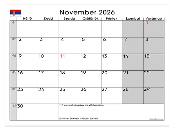 nyomtatható naptár November 2026 - Szerbia