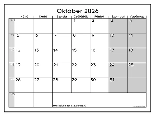 nyomtatható naptár Október 2026 - Jól áttekinthető