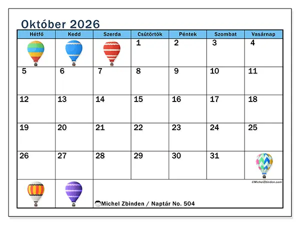 nyomtatható naptár Október 2026 - Hőlégballonok