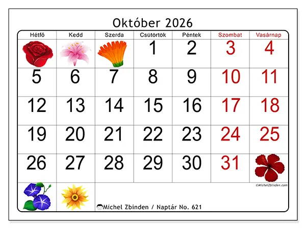 nyomtatható naptár Október 2026 - Nagy virágok