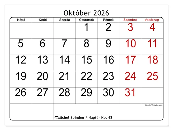 nyomtatható naptár Október 2026 - Gyors áttekintés