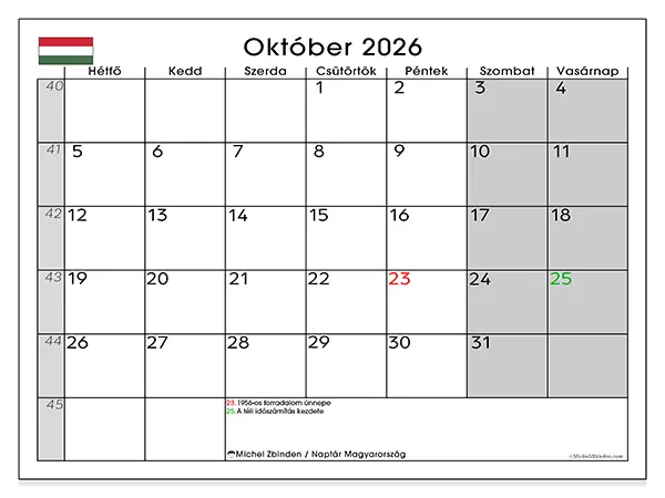 nyomtatható naptár Október 2026 - Magyarország