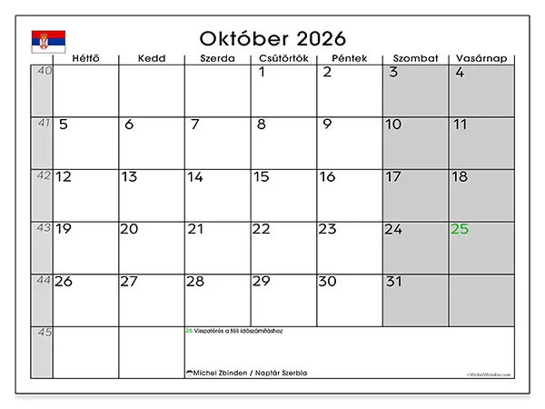 nyomtatható naptár Október 2026 - Szerbia