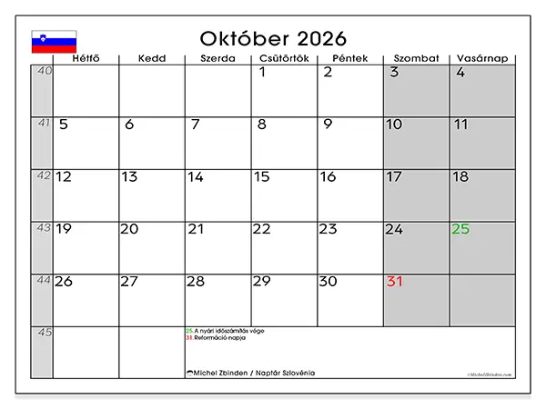 nyomtatható naptár Október 2026 - Szlovénia
