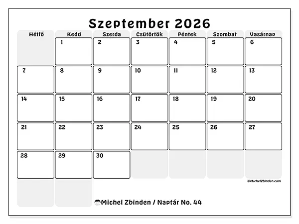 nyomtatható naptár Szeptember 2026 - Jól tagolt terv