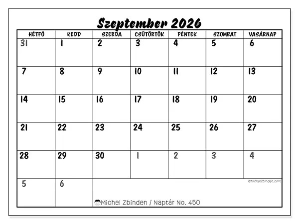 nyomtatható naptár Szeptember 2026 - Részletes modell