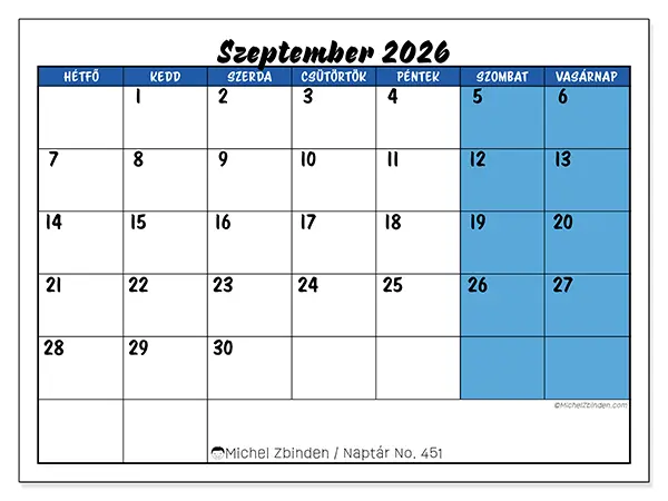 nyomtatható naptár Szeptember 2026 - Kék áttekintés