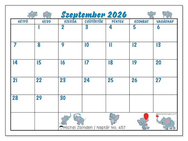 nyomtatható naptár Szeptember 2026 - Kis elefántok