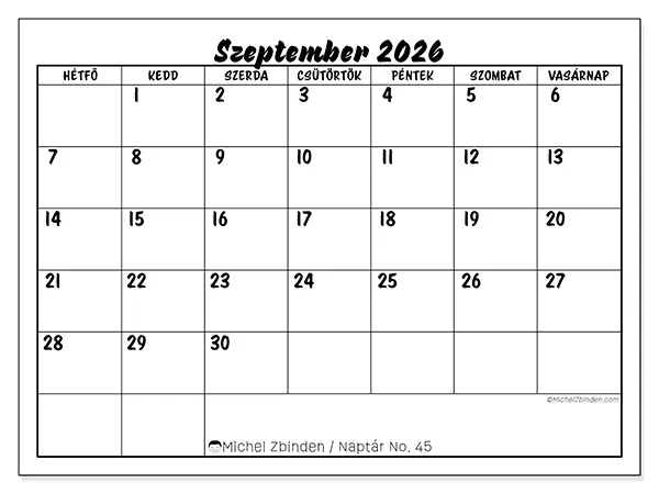 nyomtatható naptár Szeptember 2026 - Iskolai siker