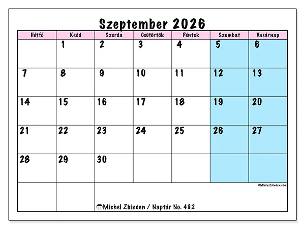 nyomtatható naptár Szeptember 2026 - Csapat időbeosztás