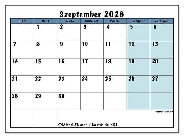 nyomtatható naptár Szeptember 2026 - Iskolai struktúra