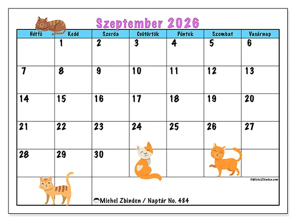 nyomtatható naptár Szeptember 2026 - Macskák szeretete