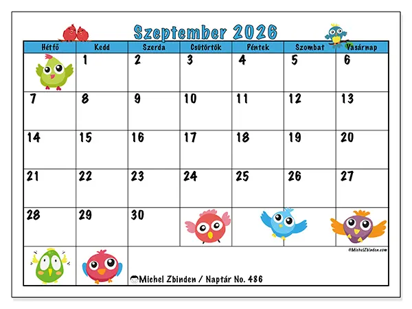 nyomtatható naptár Szeptember 2026 - Vicces madarak