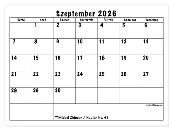 nyomtatható naptár Szeptember 2026 - Napi tervek