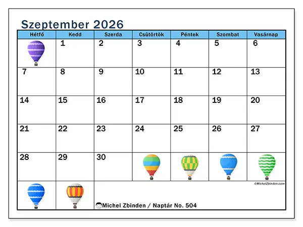 nyomtatható naptár Szeptember 2026 - Hőlégballonok
