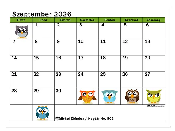 nyomtatható naptár Szeptember 2026 - Vicces baglyok
