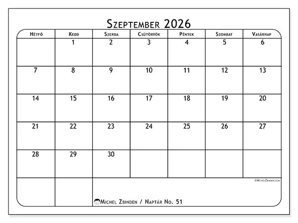 nyomtatható naptár Szeptember 2026 - Étkezéstervező