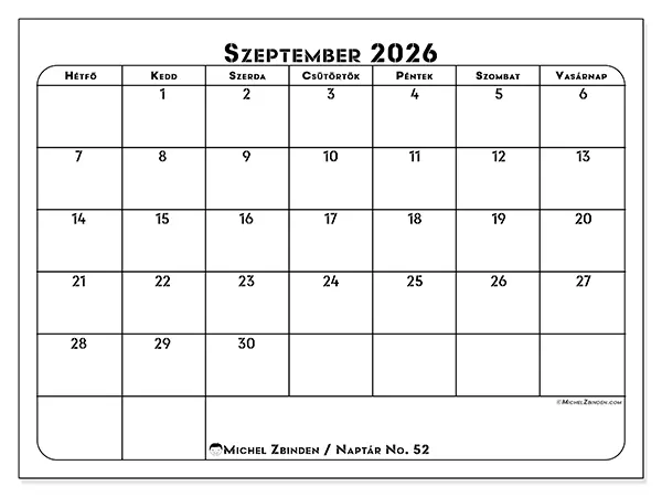 nyomtatható naptár Szeptember 2026 - Munkaterv