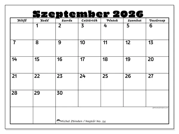nyomtatható naptár Szeptember 2026 - Családi tevékenységek