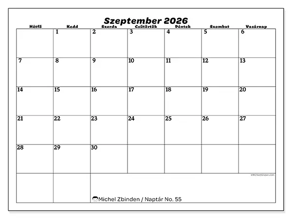 nyomtatható naptár Szeptember 2026 - Szabadidő