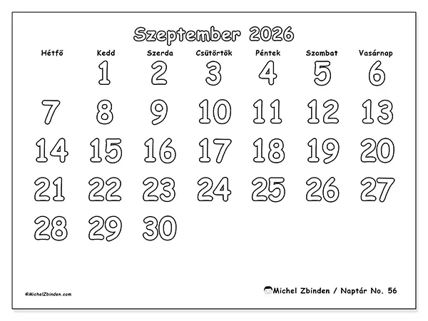 nyomtatható naptár Szeptember 2026 - Hasznos színezés
