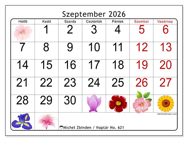 nyomtatható naptár Szeptember 2026 - Nagy virágok