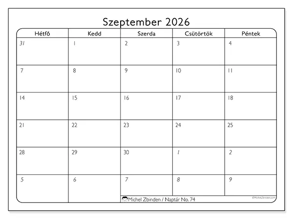 nyomtatható naptár Szeptember 2026 - Munkanapok