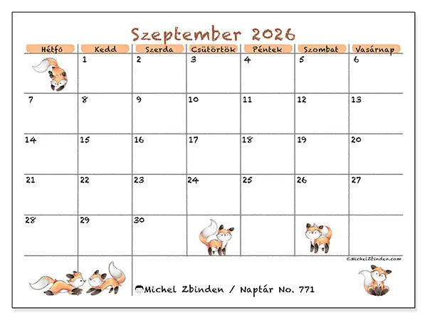 nyomtatható naptár Szeptember 2026 - Róka rajzok