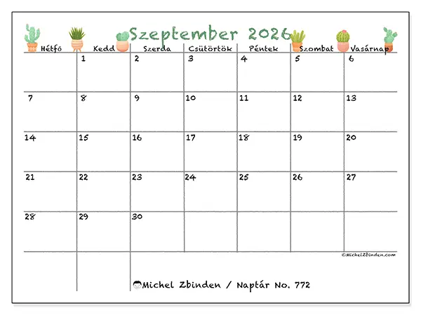 nyomtatható naptár Szeptember 2026 - Dekoratív kaktuszok