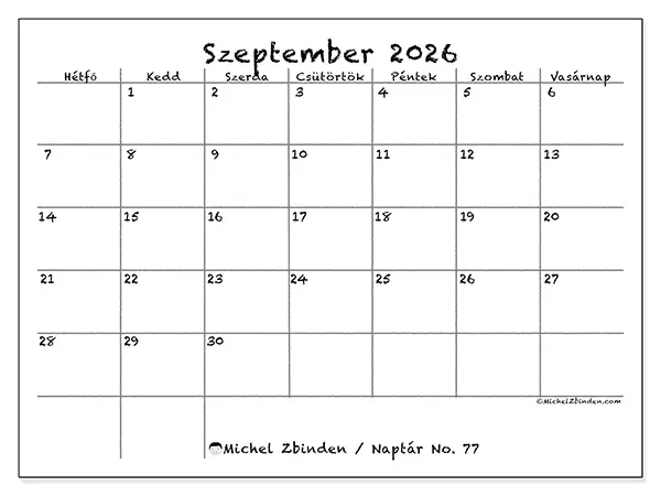nyomtatható naptár Szeptember 2026 - Iskola és család