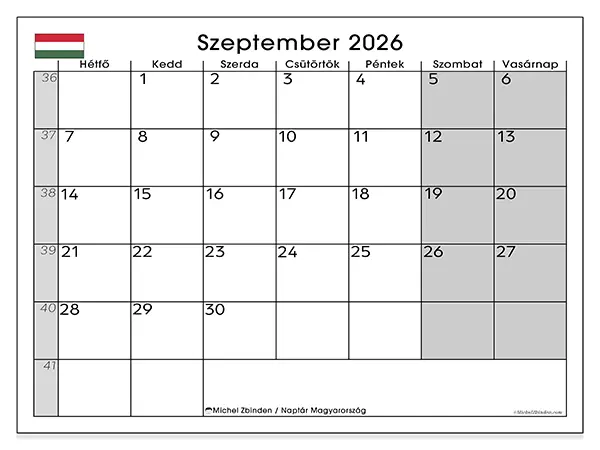 nyomtatható naptár Szeptember 2026 - Magyarország